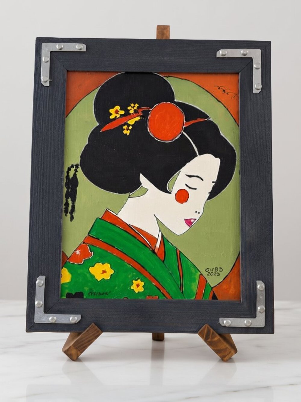 Original Hand Painted Geisha Portrait Acrylic Painting Framed 8x10 Asian Art
